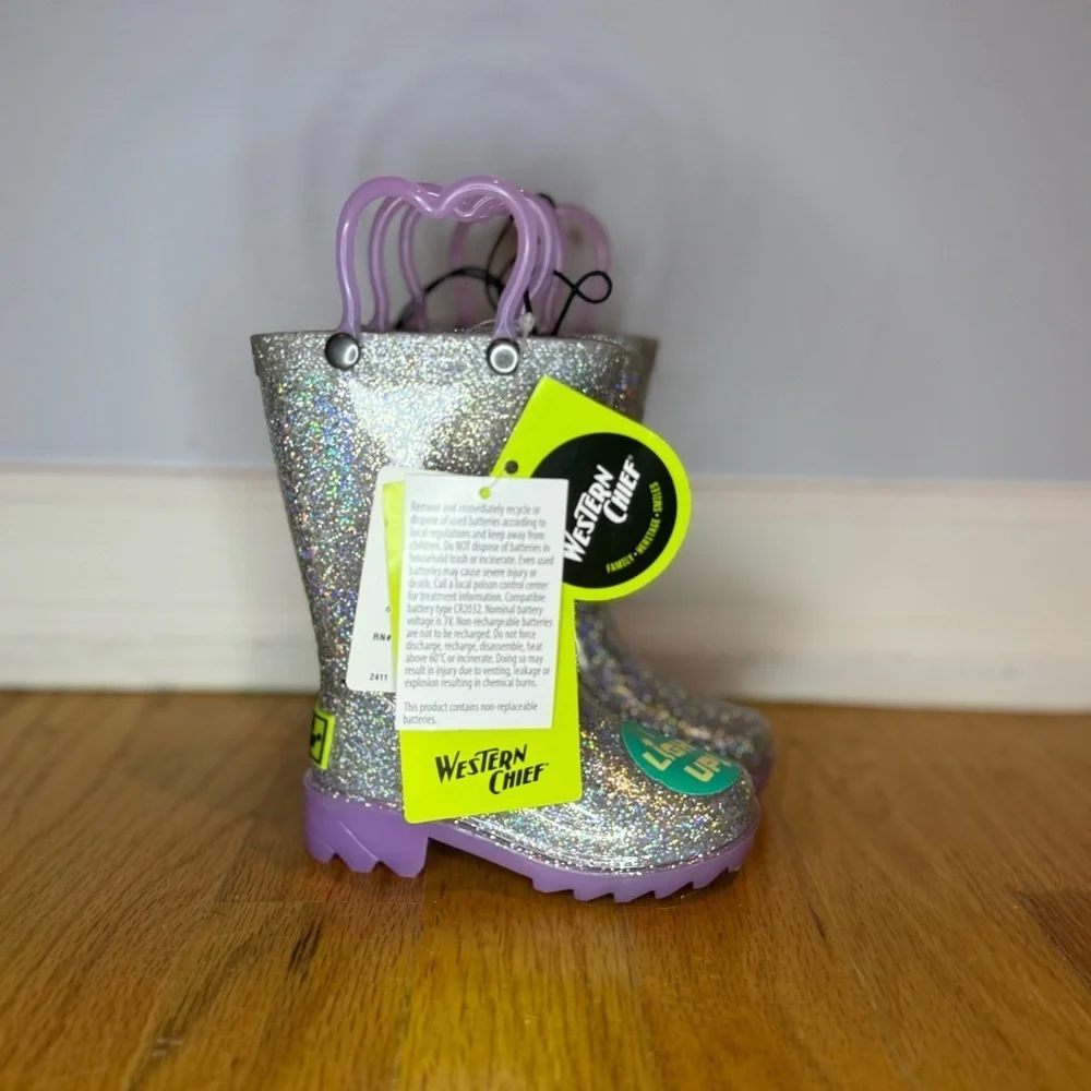 Western Chief Glitter Light Up Rain Boots With Purple Sole and Straps